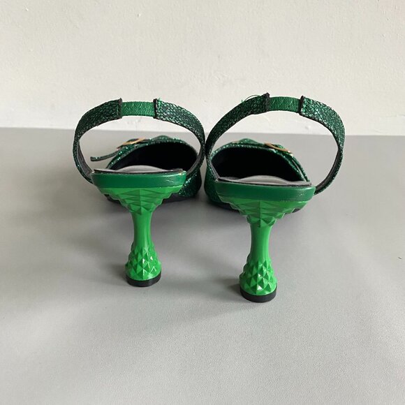 Green Sparkly Pointy Toe Sling Back Heeled Shoes Sz 10 - Picture 4 of 12